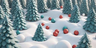 The primary subject of the image is a snowy landscape with a forest of trees. The setting is a wintery environment, and the visual style is a digital art or illustration. The dominant colors are white and blue, creating a serene and peaceful atmosphere. The image features a variety of balls scattered throughout the snow, adding a playful and festive touch to the scene.
